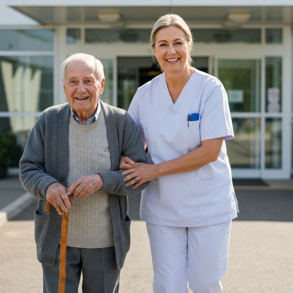 Cuidadora ajudando idosa com andador em casa