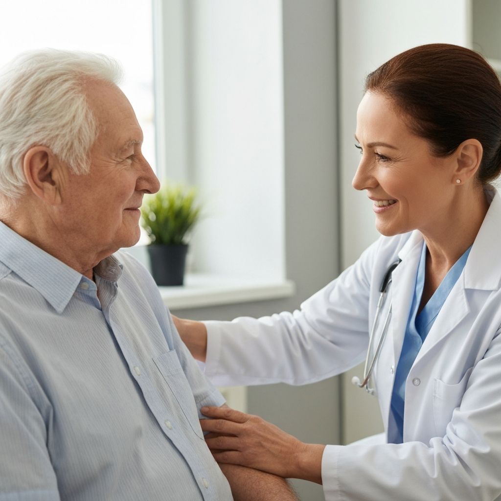 Médico cumprimentando paciente idosa durante consulta