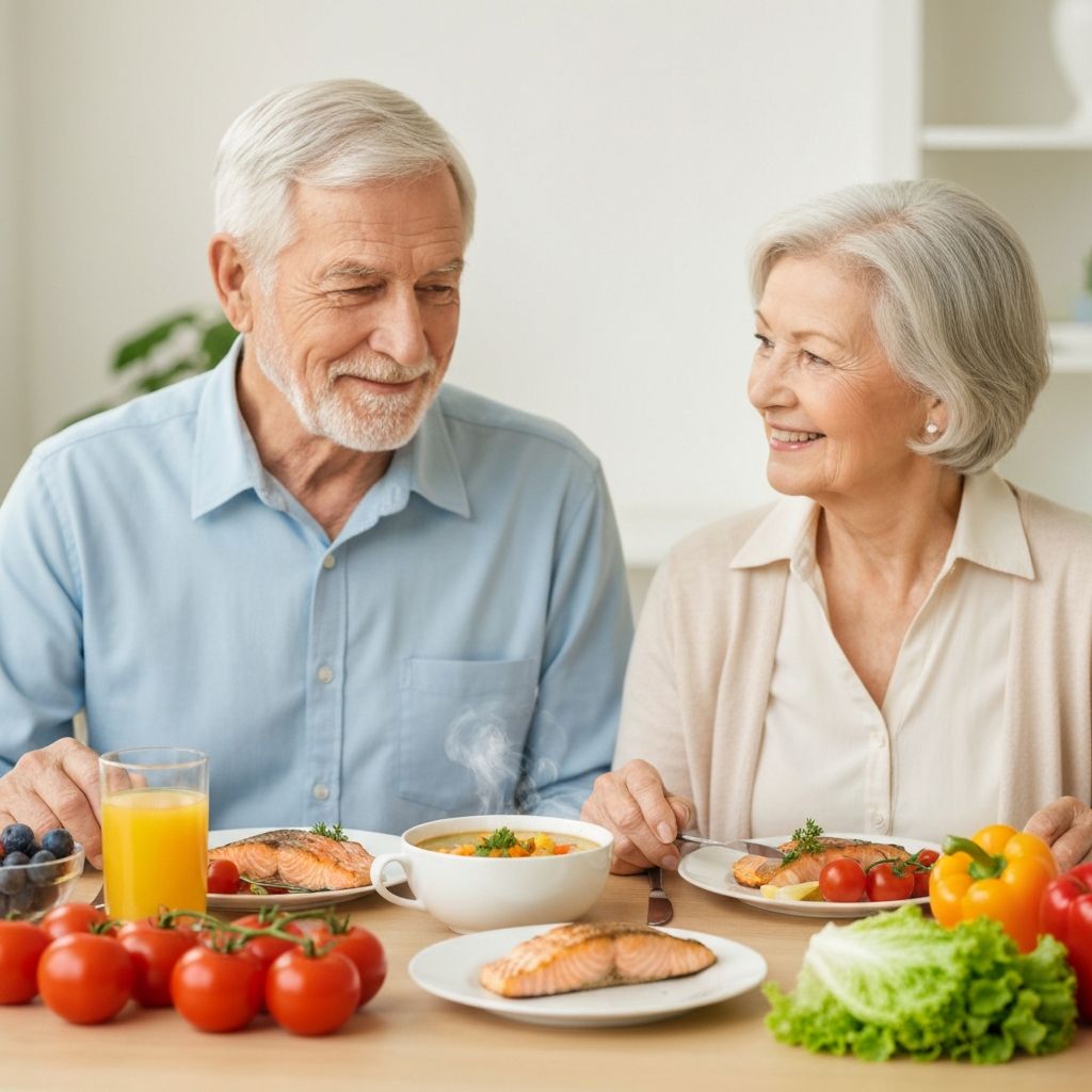 Casal de idosos felizes durante refeição saudável